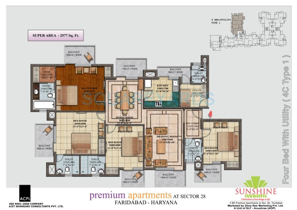 Floor plan of 4 BHK 2577 Sq. Ft. Apartment in SLF Sunshine Avenue, Faridabad
