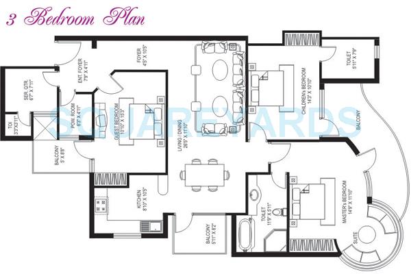 Floor plan of 3 BHK 1950 Sq. Ft. Apartment in Tarang Orchid, Faridabad