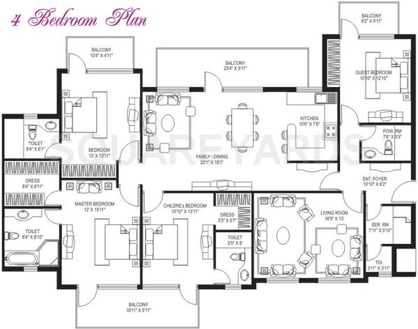 Floor plan of 4 BHK 2700 Sq. Ft. Apartment in Tarang Orchid, Faridabad
