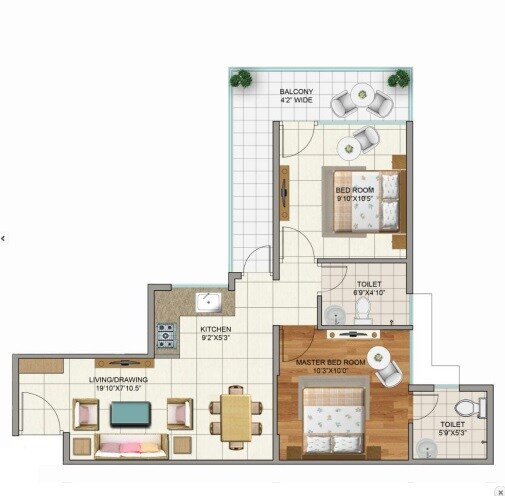 Floor plan of 2 BHK 598 Sq. Ft. Apartment in Terra Lavinium, Faridabad