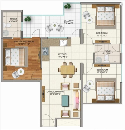 Floor plan of 3 BHK 740 Sq. Ft. Apartment in Terra Lavinium, Faridabad