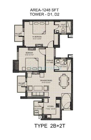 Floor plan of 2 BHK 1248 Sq. Ft. Apartment in Umang Summer Palms, Faridabad