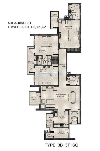 Floor plan of 3 BHK 1864 Sq. Ft. Apartment in Umang Summer Palms, Faridabad