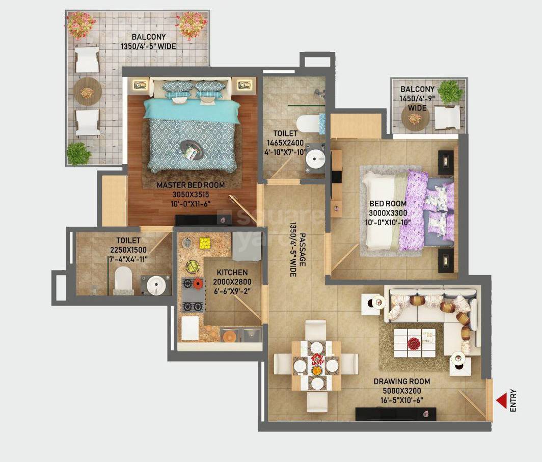 Floor plan of 2 BHK 1100 Sq. Ft. Apartment in Zion Lakeview Blue Gem, Faridabad