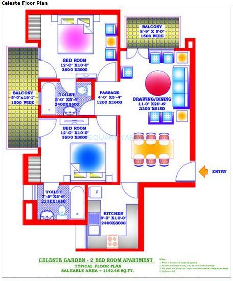 Floor plan of 2 BHK 1142 Sq. Ft. Apartment in Zion Stonecrop and Celeste Garden, Faridabad