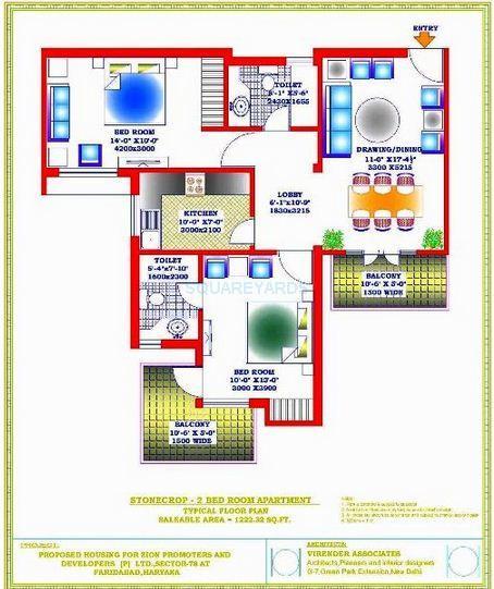 Floor plan of 2 BHK 1222 Sq. Ft. Apartment in Zion Stonecrop and Celeste Garden, Faridabad
