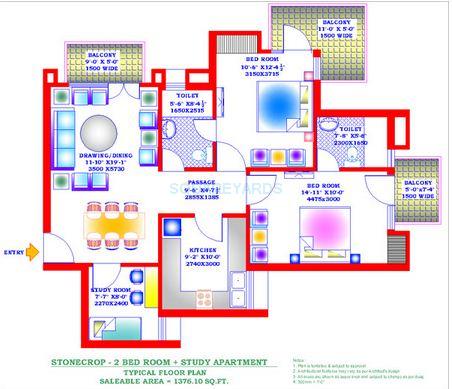 Floor plan of 2 BHK 1376 Sq. Ft. Apartment in Zion Stonecrop and Celeste Garden, Faridabad