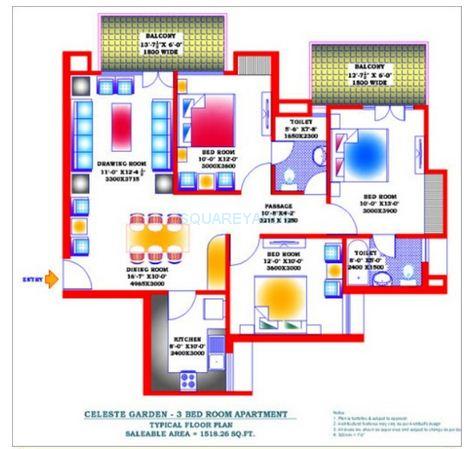 Floor plan of 3 BHK 1518 Sq. Ft. Apartment in Zion Stonecrop and Celeste Garden, Faridabad