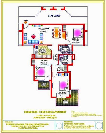 Floor plan of 3 BHK 1656 Sq. Ft. Apartment in Zion Stonecrop and Celeste Garden, Faridabad