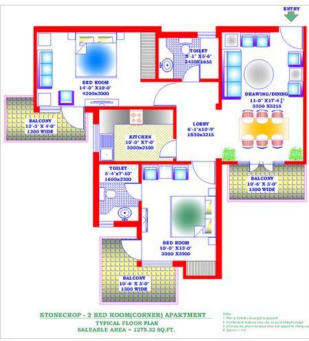 Floor plan of 2 BHK 1275 Sq. Ft. Apartment in Zion Stonecrop and Celeste Garden, Faridabad