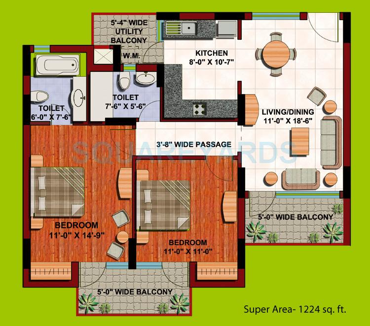 Floor plan of 2 BHK 1224 Sq. Ft. Apartment in ABA Corp Orange County, Ghaziabad