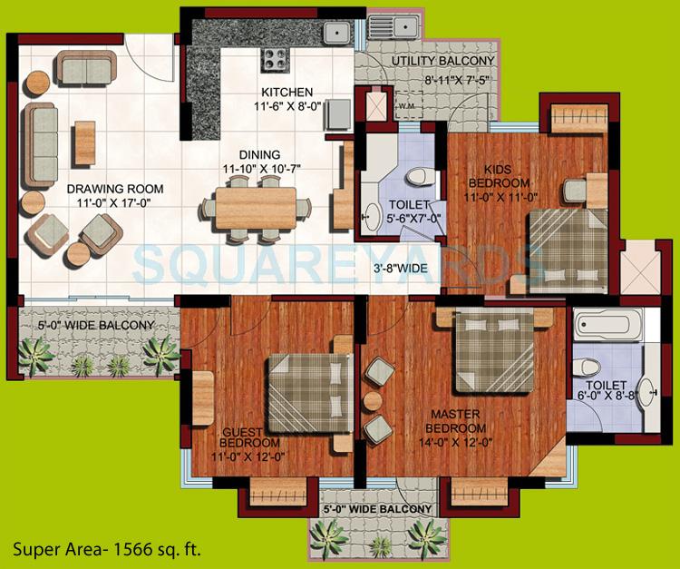 Floor plan of 3 BHK 1566 Sq. Ft. Apartment in ABA Corp Orange County, Ghaziabad