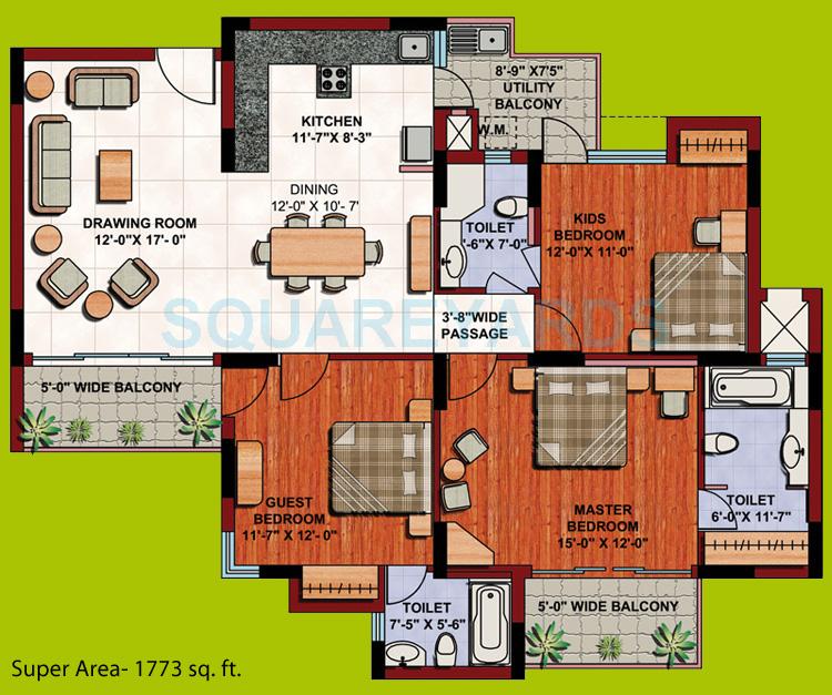 Floor plan of 3 BHK 1773 Sq. Ft. Apartment in ABA Corp Orange County, Ghaziabad
