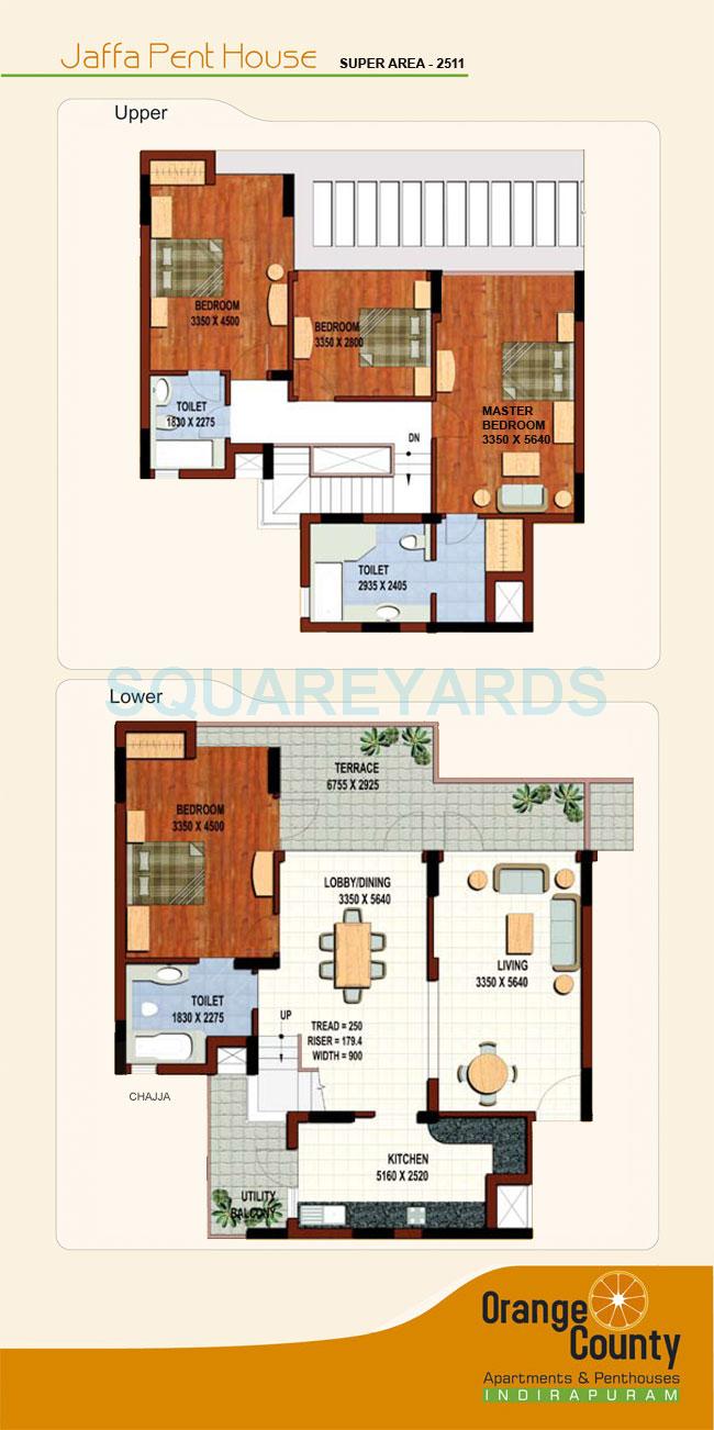 Floor plan of 4 BHK 2511 Sq. Ft. Penthouse in ABA Corp Orange County, Ghaziabad