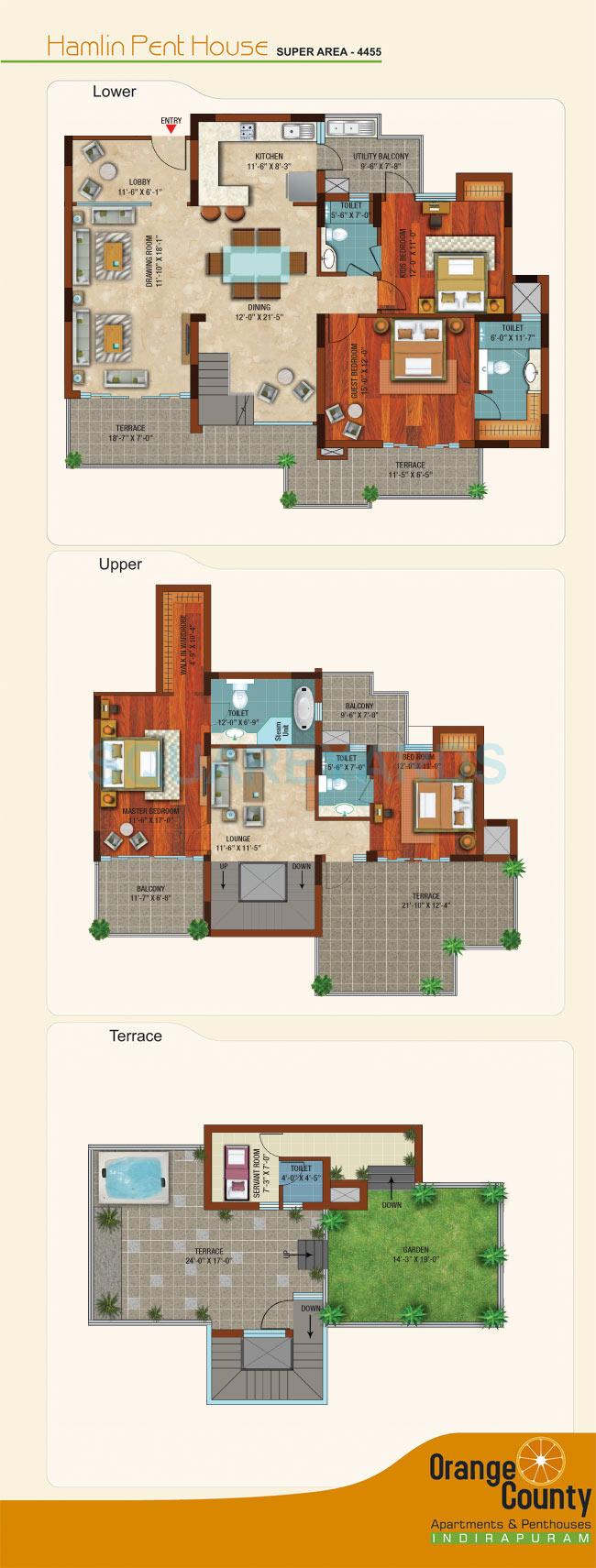 Floor plan of 4 BHK 4455 Sq. Ft. Penthouse in ABA Corp Orange County, Ghaziabad