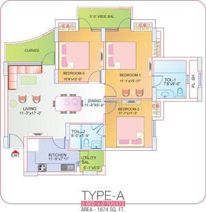 Floor plan of 3 BHK 1674 Sq. Ft. Apartment in ABA Corp Orange County Tower 16, Ghaziabad