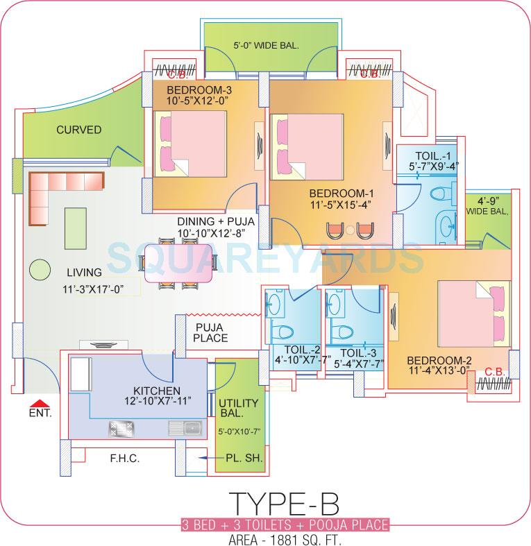 Floor plan of 3 BHK 1881 Sq. Ft. Apartment in ABA Corp Orange County Tower 16, Ghaziabad