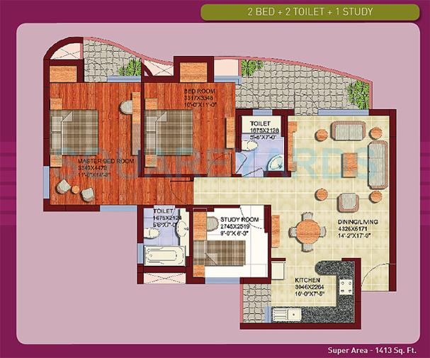Floor plan of 2 BHK 1413 Sq. Ft. Apartment in ABA Olive County, Ghaziabad