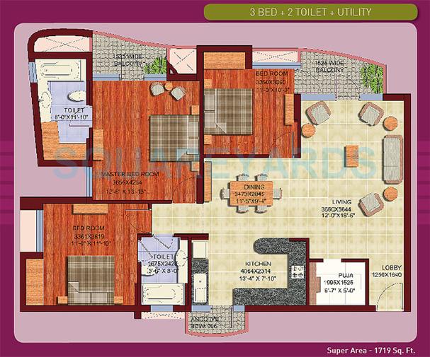 Floor plan of 3 BHK 1719 Sq. Ft. Apartment in ABA Olive County, Ghaziabad