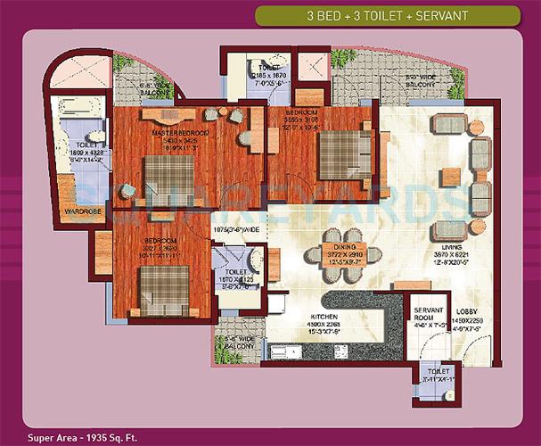 Floor plan of 3 BHK 1935 Sq. Ft. Apartment in ABA Olive County, Ghaziabad