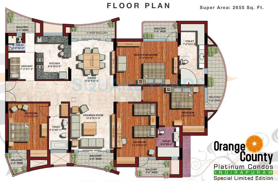 Floor plan of 4 BHK 2655 Sq. Ft. Apartment in ABA Orange County Platinum Condos, Ghaziabad