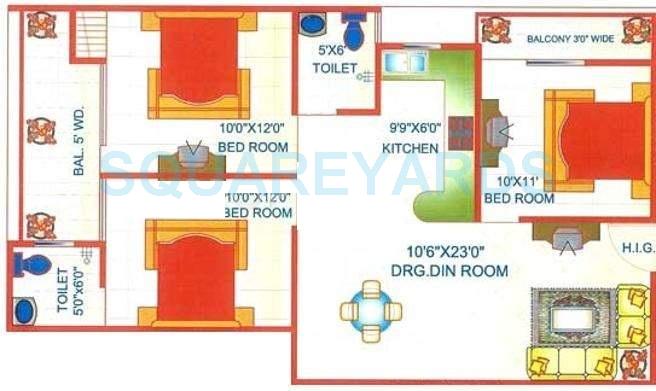 Floor plan of 3 BHK 1100 Sq. Ft. Apartment in Adarsh Apartment 7, Ghaziabad