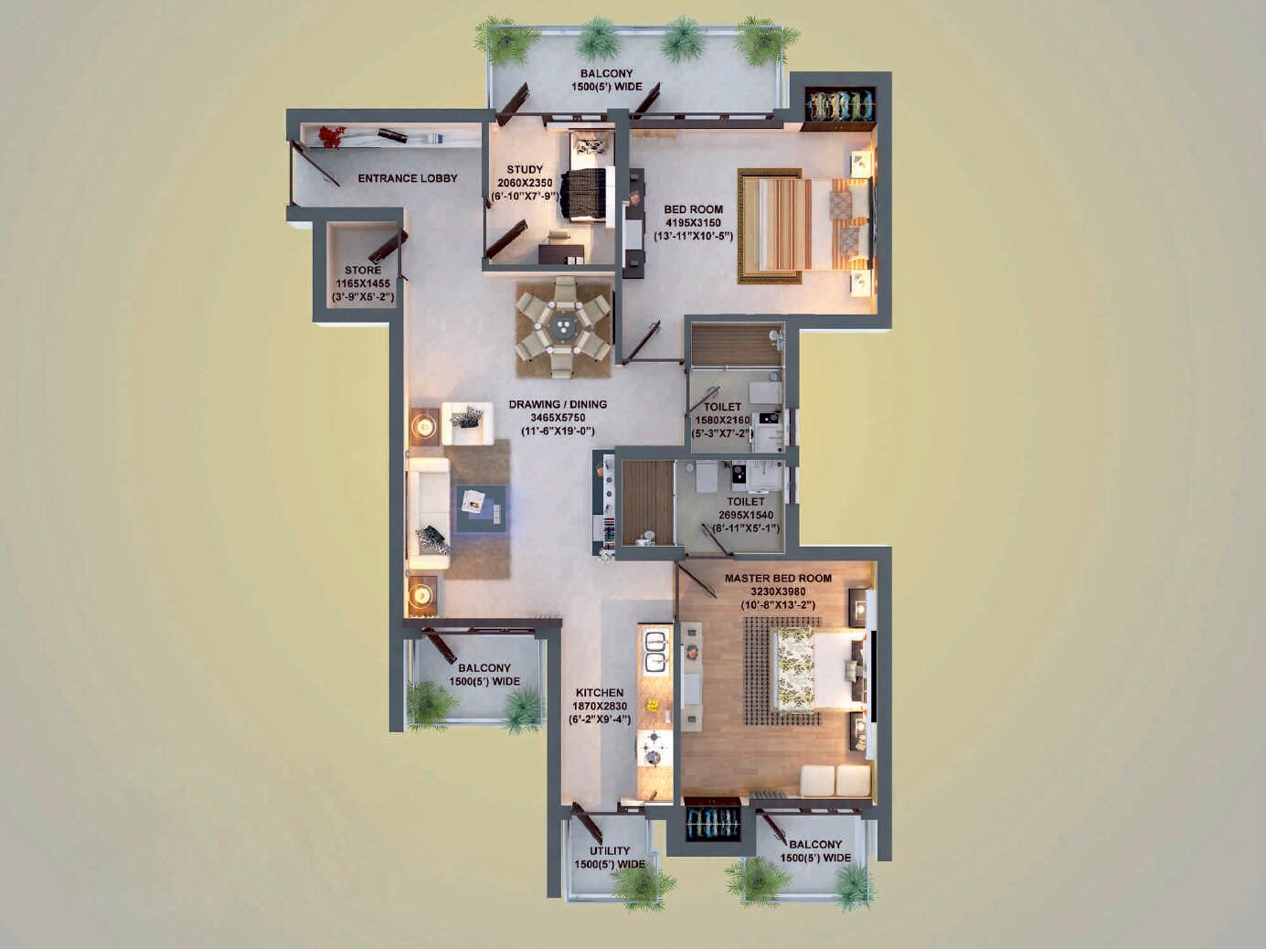Floor plan of 2 BHK 1590 Sq. Ft. Apartment in Adhiraaj Utopia Estate, Ghaziabad