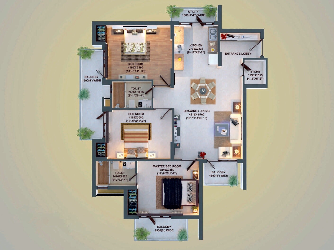 Floor plan of 3 BHK 1880 Sq. Ft. Apartment in Adhiraaj Utopia Estate, Ghaziabad