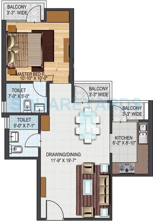 Floor plan of 1 BHK 783 Sq. Ft. Apartment in Aditya City Apartments, Ghaziabad