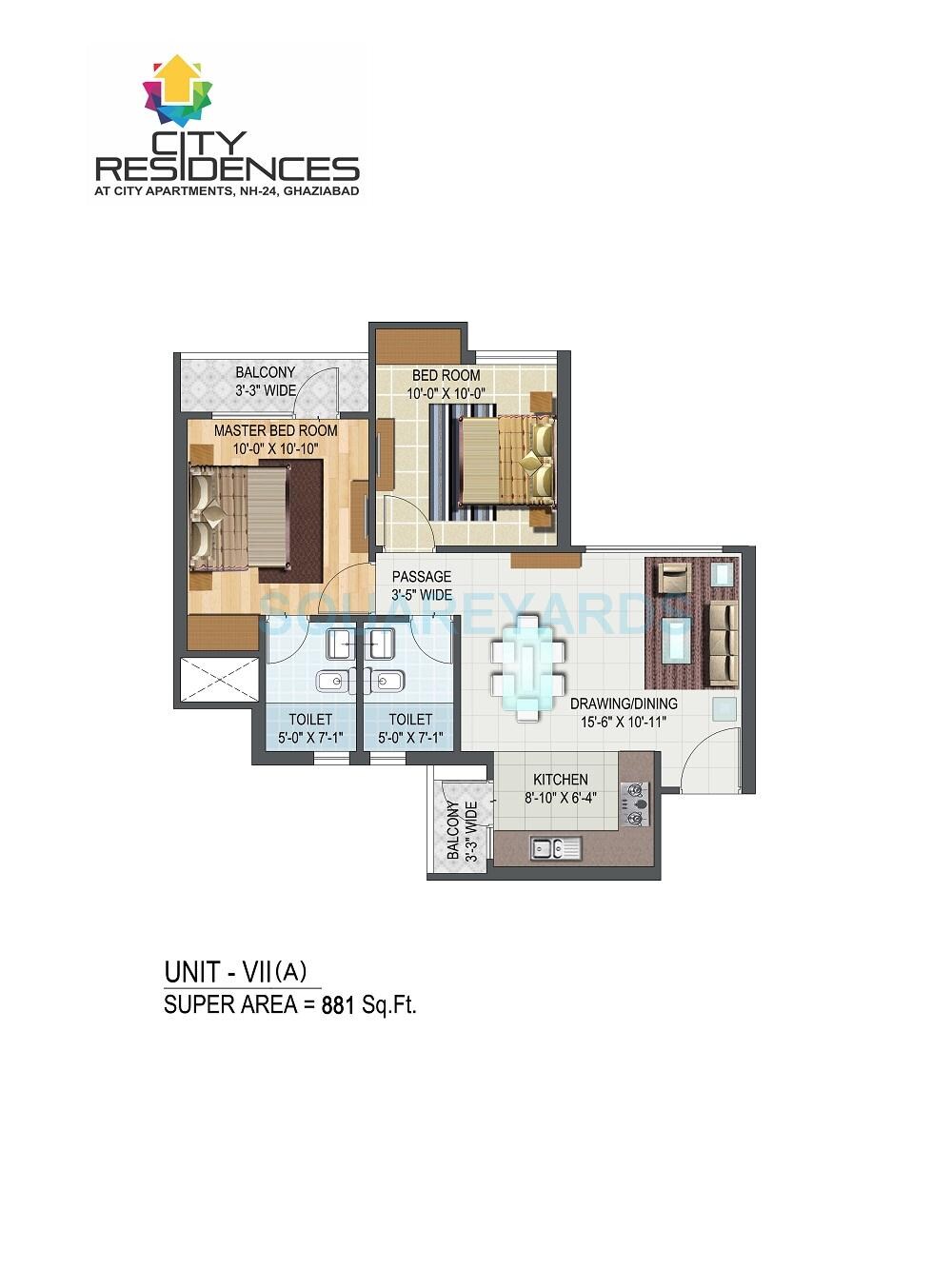 Floor plan of 2 BHK 881 Sq. Ft. Apartment in Aditya City Apartments, Ghaziabad