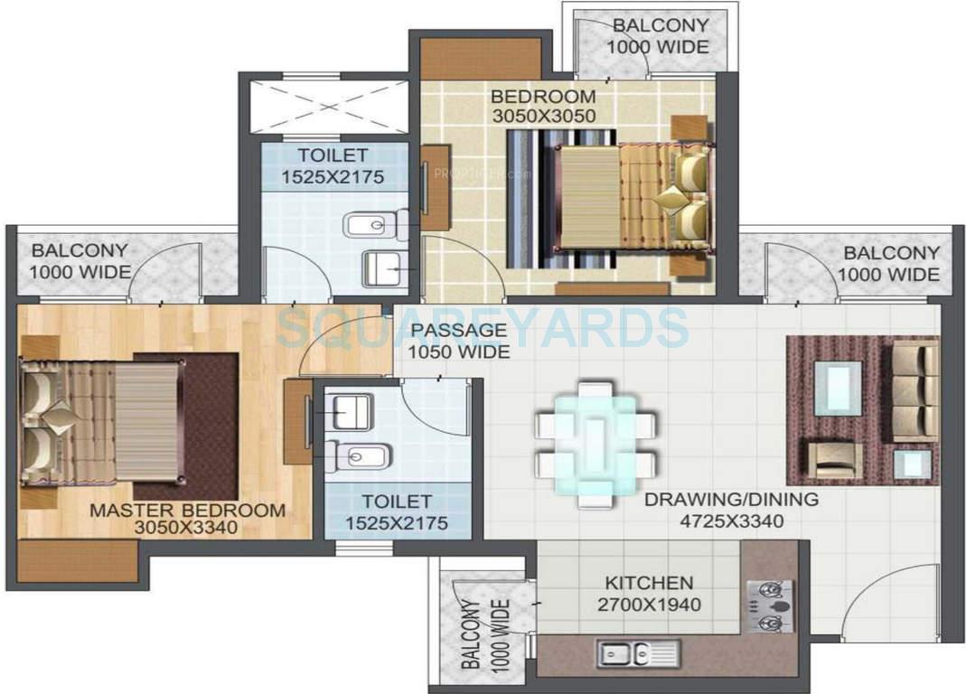 Floor plan of 2 BHK 924 Sq. Ft. Apartment in Aditya City Apartments, Ghaziabad