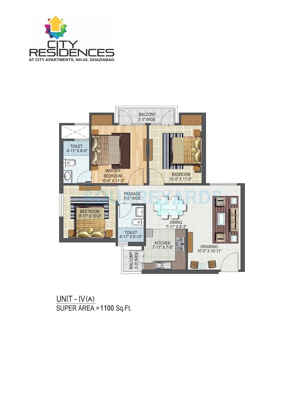 Floor plan of 3 BHK 1100 Sq. Ft. Apartment in Aditya City Apartments, Ghaziabad