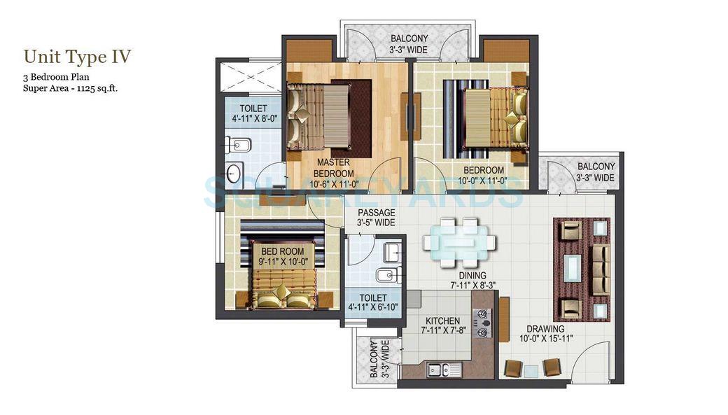 Floor plan of 3 BHK 1125 Sq. Ft. Apartment in Aditya City Apartments, Ghaziabad