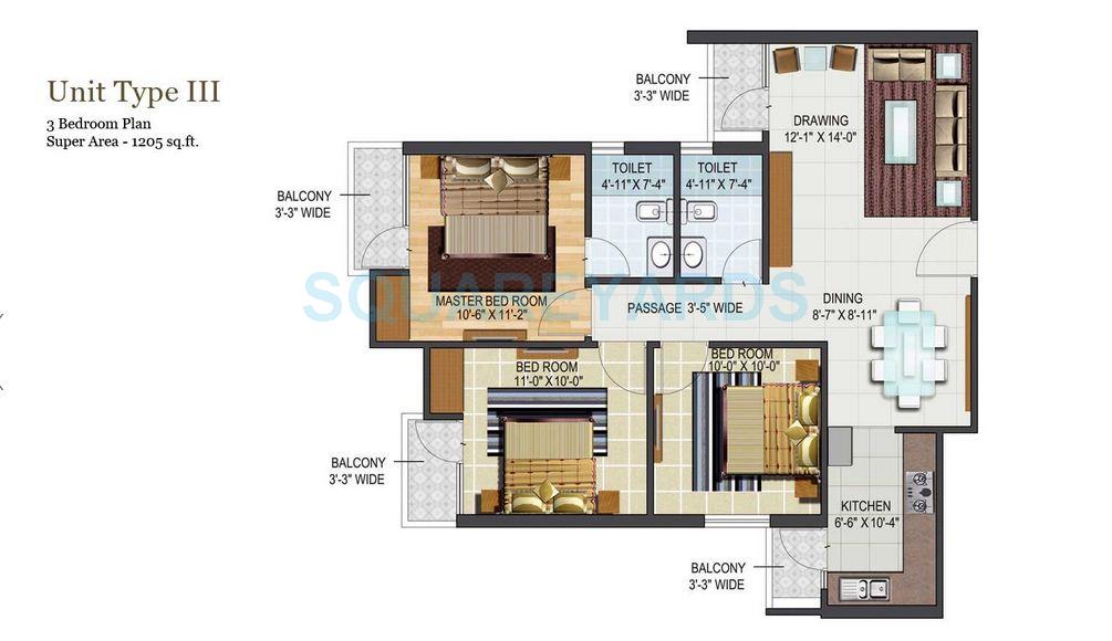 Floor plan of 3 BHK 1205 Sq. Ft. Apartment in Aditya City Apartments, Ghaziabad
