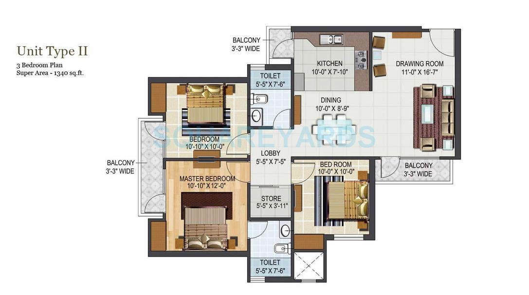 Floor plan of 3 BHK 1340 Sq. Ft. Apartment in Aditya City Apartments, Ghaziabad