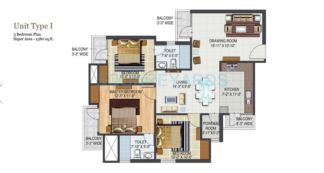 Floor plan of 3 BHK 1380 Sq. Ft. Apartment in Aditya City Apartments, Ghaziabad