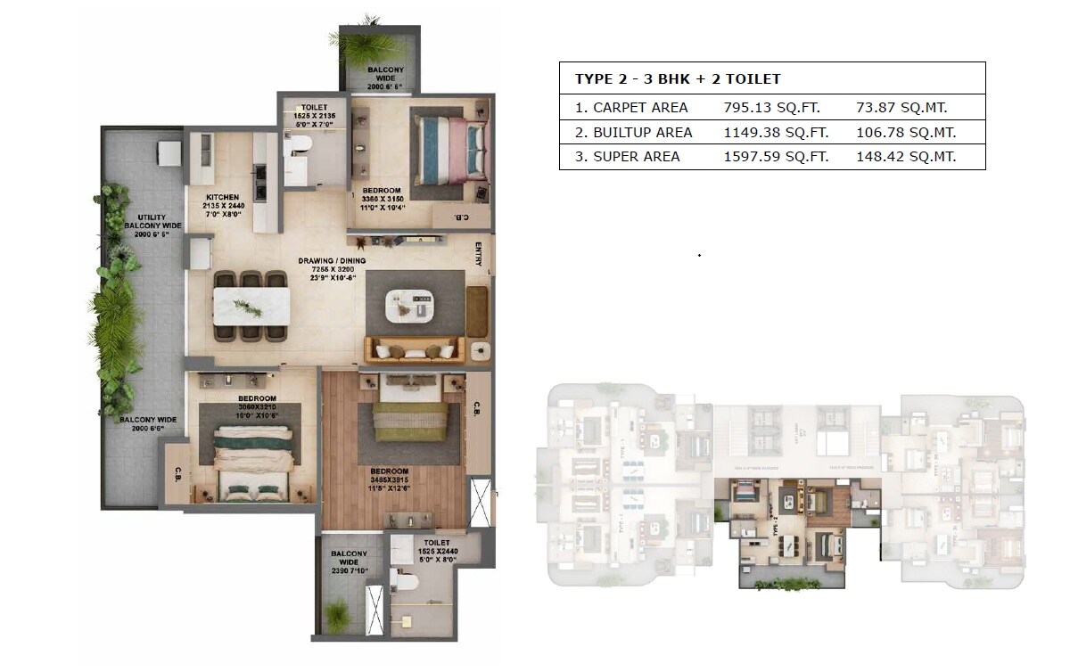 Floor plan of 3 BHK Apartment - 795 sq. ft. in Aditya Elysia, Ghaziabad