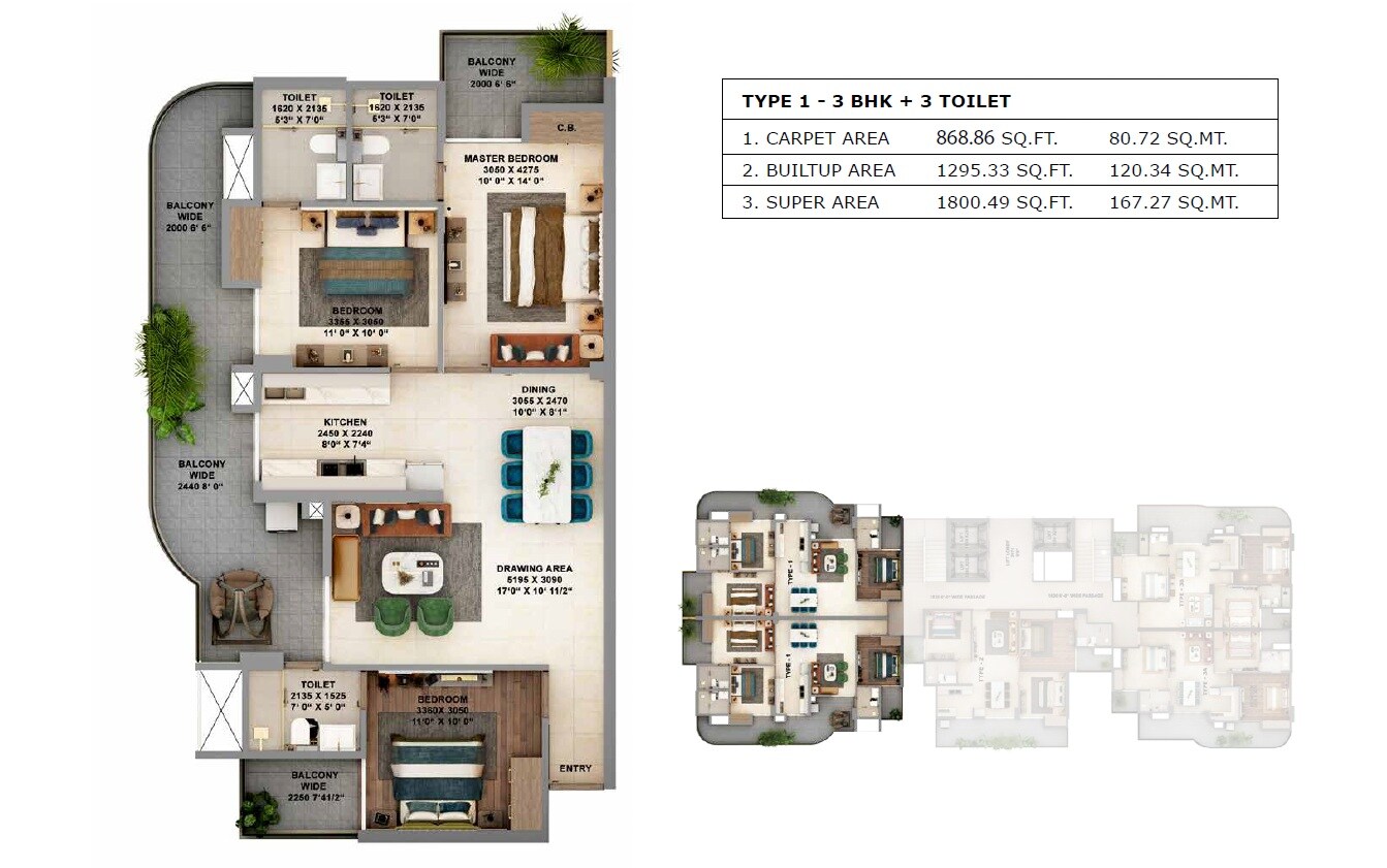 Floor plan of 3 BHK Apartment - 869 sq. ft. in Aditya Elysia, Ghaziabad