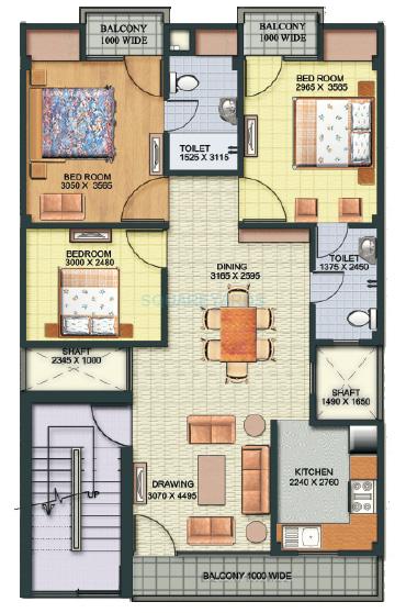 Floor plan of 3 BHK 1506 Sq. Ft. Apartment in Aditya Gracious Floors, Ghaziabad