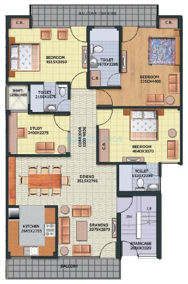 Floor plan of 3 BHK 2152 Sq. Ft. Apartment in Aditya Gracious Floors, Ghaziabad