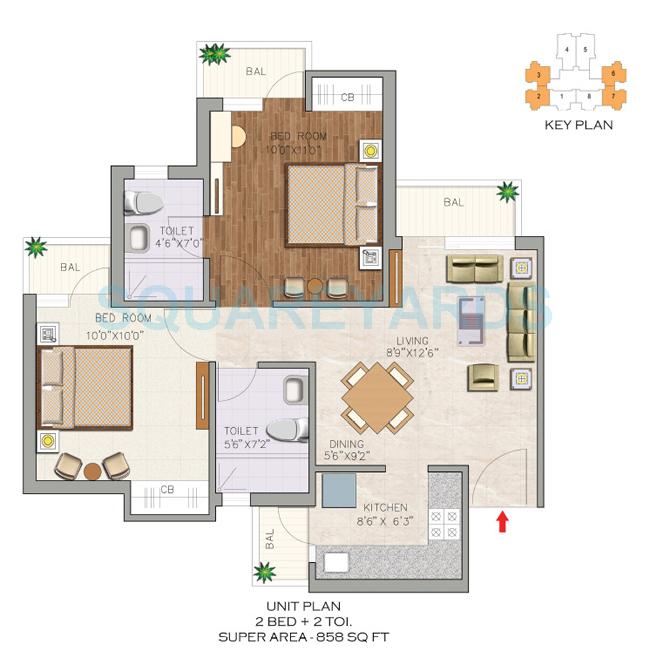 Floor plan of 2 BHK 858 Sq. Ft. Apartment in Aditya Luxuria Estate, Ghaziabad