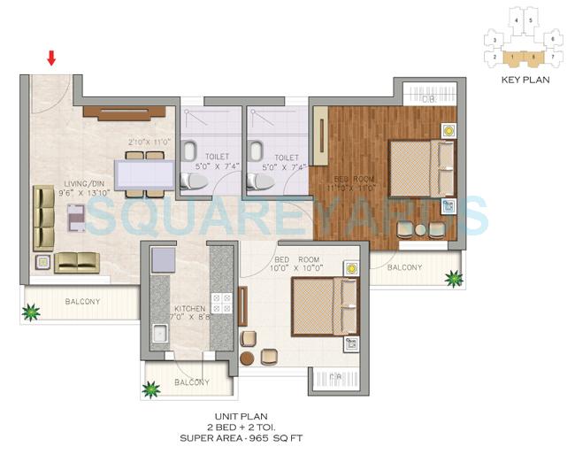 Floor plan of 2 BHK 965 Sq. Ft. Apartment in Aditya Luxuria Estate, Ghaziabad