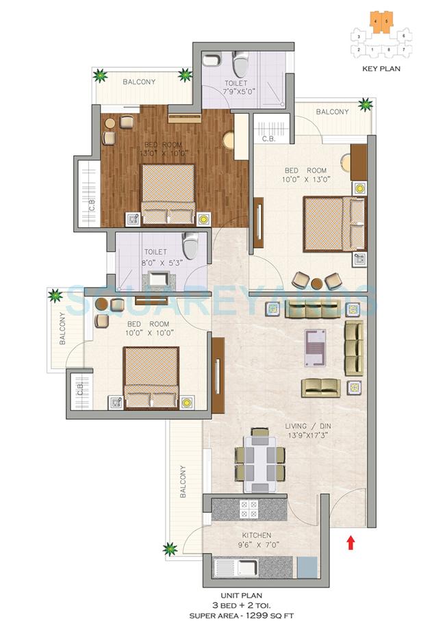 Floor plan of 3 BHK 1299 Sq. Ft. Apartment in Aditya Luxuria Estate, Ghaziabad