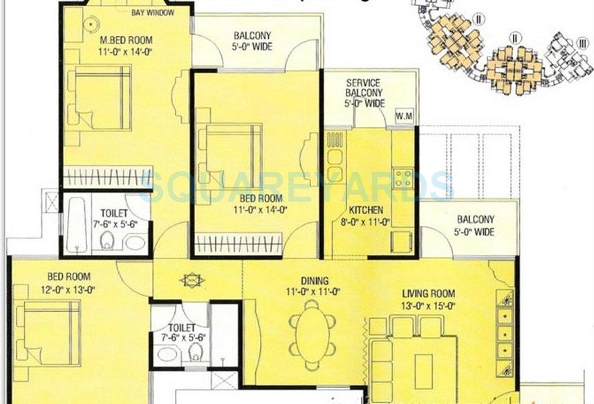 Floor plan of 3 BHK 1895 Sq. Ft. Apartment in Aditya Mega City, Ghaziabad