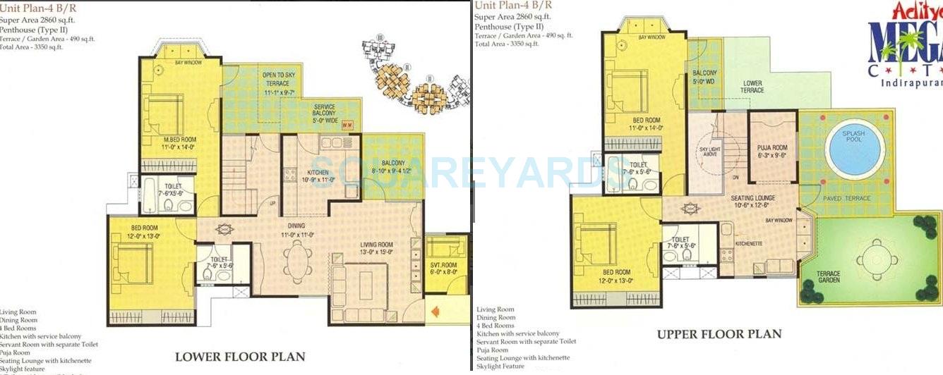 Floor plan of 4 BHK 3350 Sq. Ft. Penthouse in Aditya Mega City, Ghaziabad