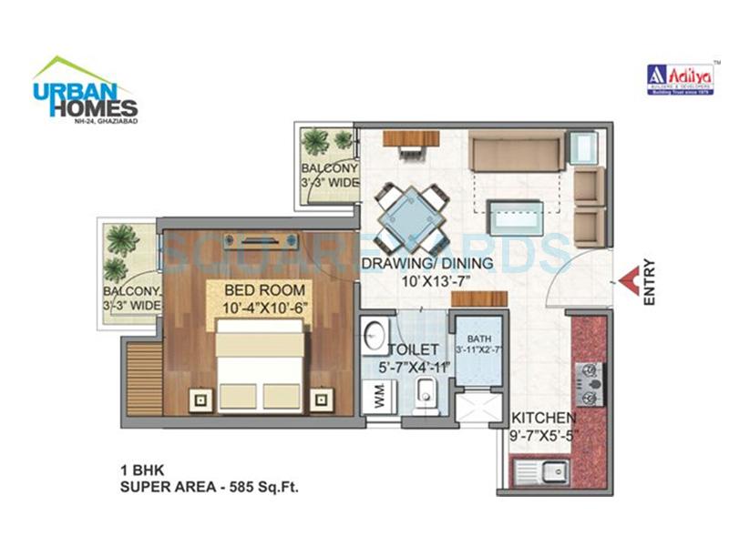 Floor plan of 1 BHK 585 Sq. Ft. Apartment in Aditya Urban Homes, Ghaziabad