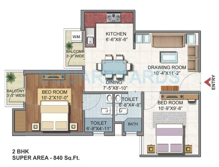 Floor plan of 2 BHK 840 Sq. Ft. Apartment in Aditya Urban Homes, Ghaziabad