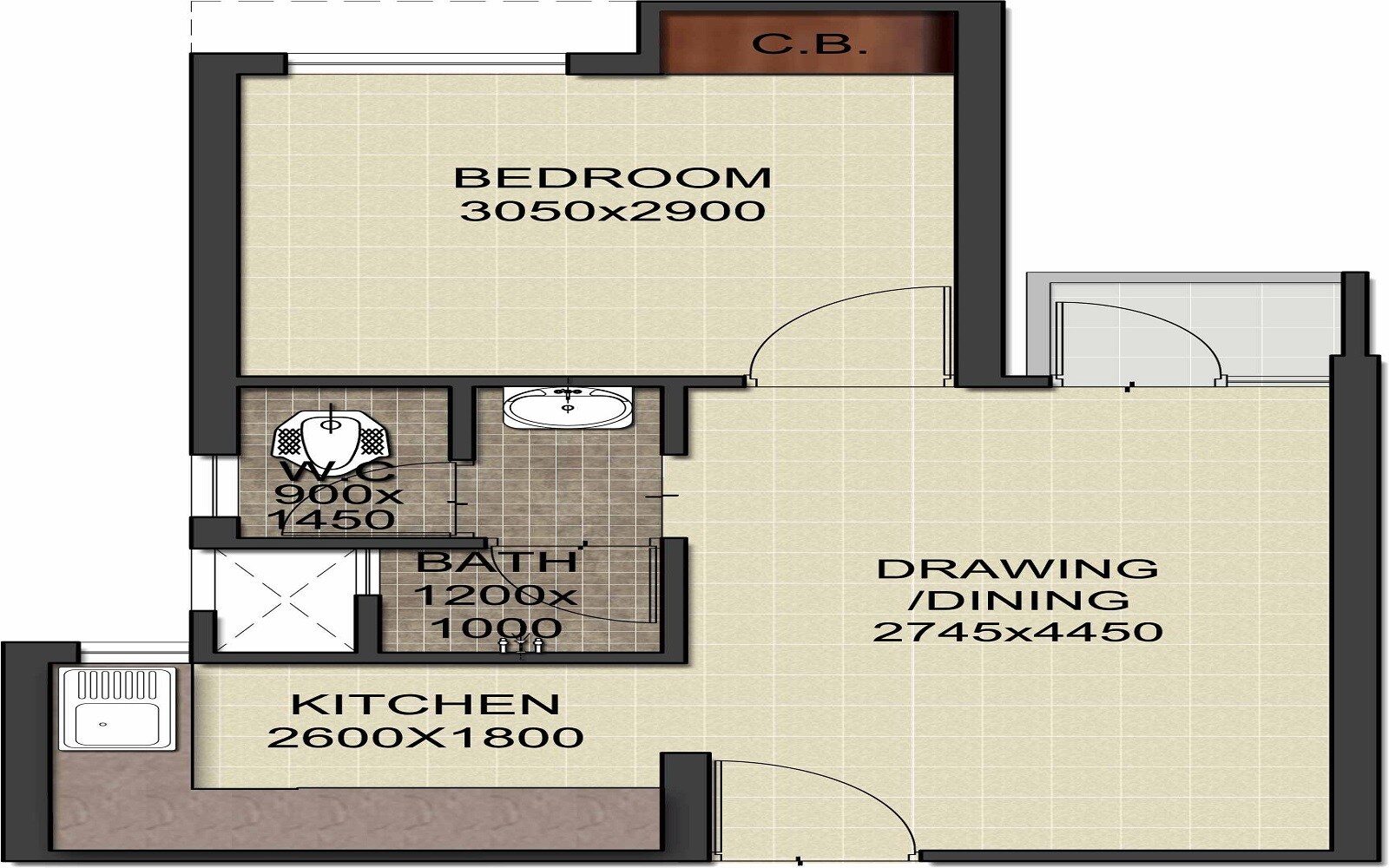 Floor plan of 1 BHK 338 Sq. Ft. Apartment in Aditya Vrinda Homes Phase 1, Ghaziabad