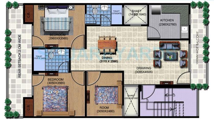 Floor plan of 3 BHK Apartment - 715 sq. ft. in Aditya White Cottage, Ghaziabad