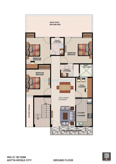 Floor plan of 3 BHK 1377 Sq. Ft. Apartment in Aditya Willow 162, Ghaziabad